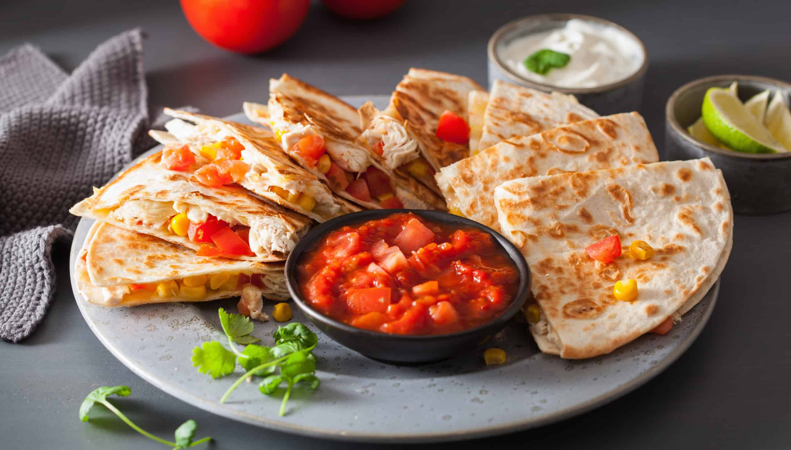 mexican quesadilla with chicken tomato corn cheese