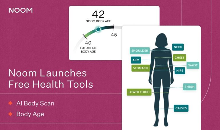 Image includes screen captures of AI Body Scan and text that reads "Noom Launches Free Health Tools: AI Body Scan, Body Age"