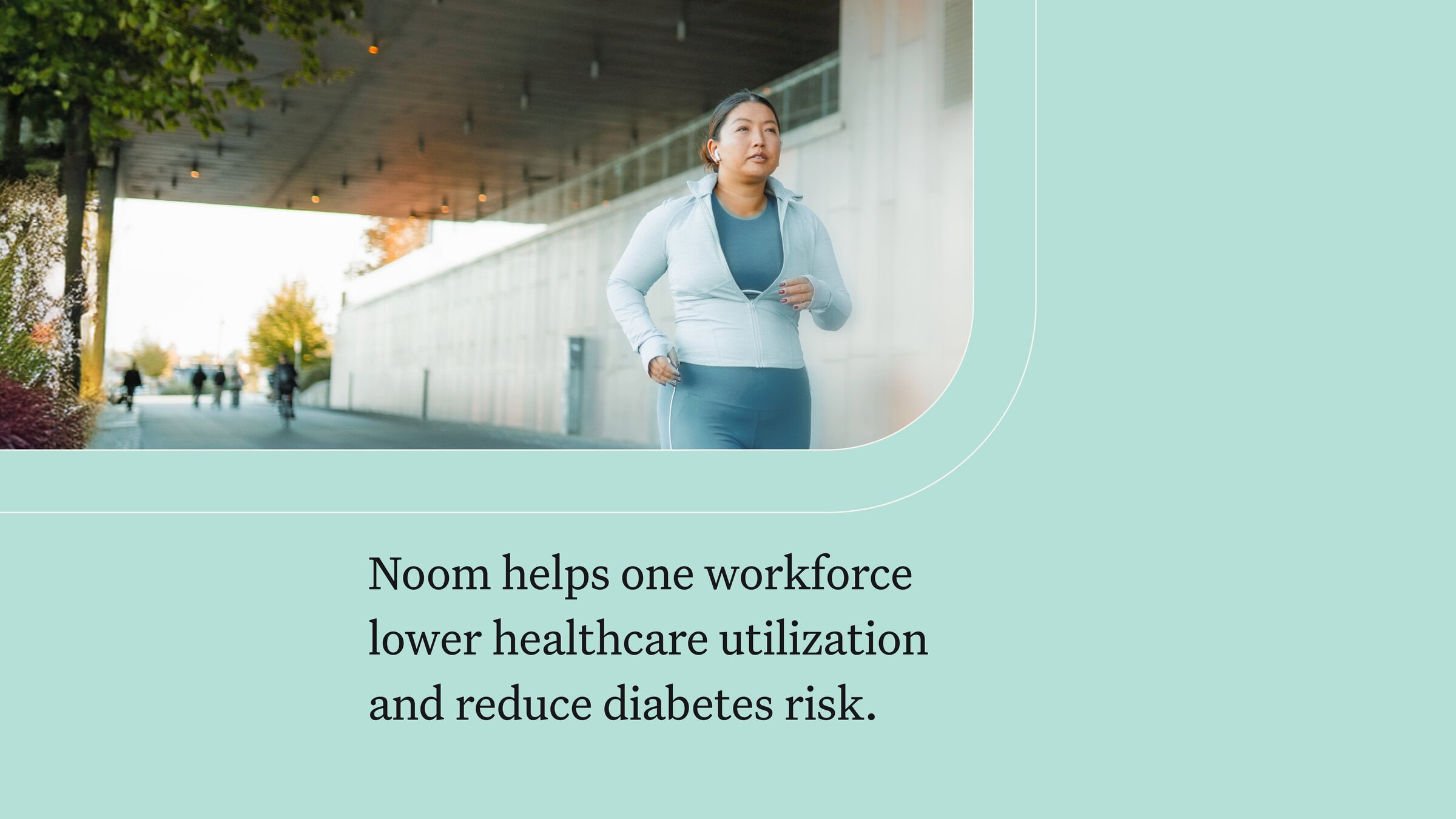 Keeping active outdoors, a woman jogs under a modern overpass, promoting health and wellness with a focus on weight loss and diabetes prevention through Noom.