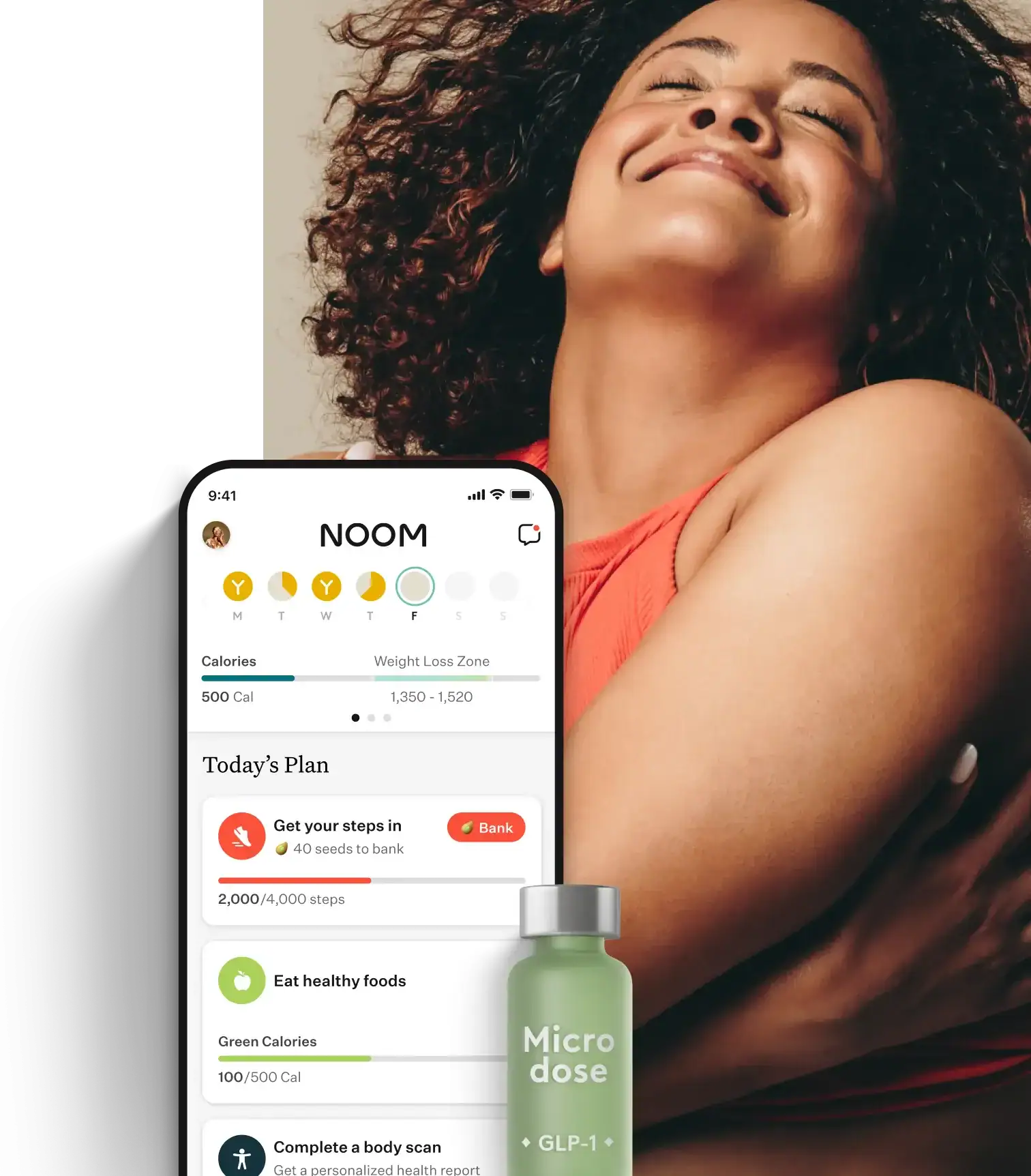 woman smiling with a noom vial, orange pill, and the noom app </p>
<p>